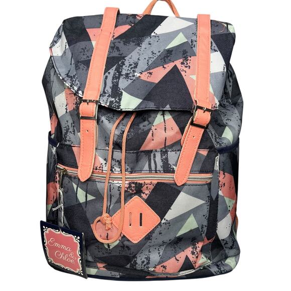 Emma & Chloe Backpack Gray Peach Geometric Abstract Modern School Travel Casual - Picture 1 of 15